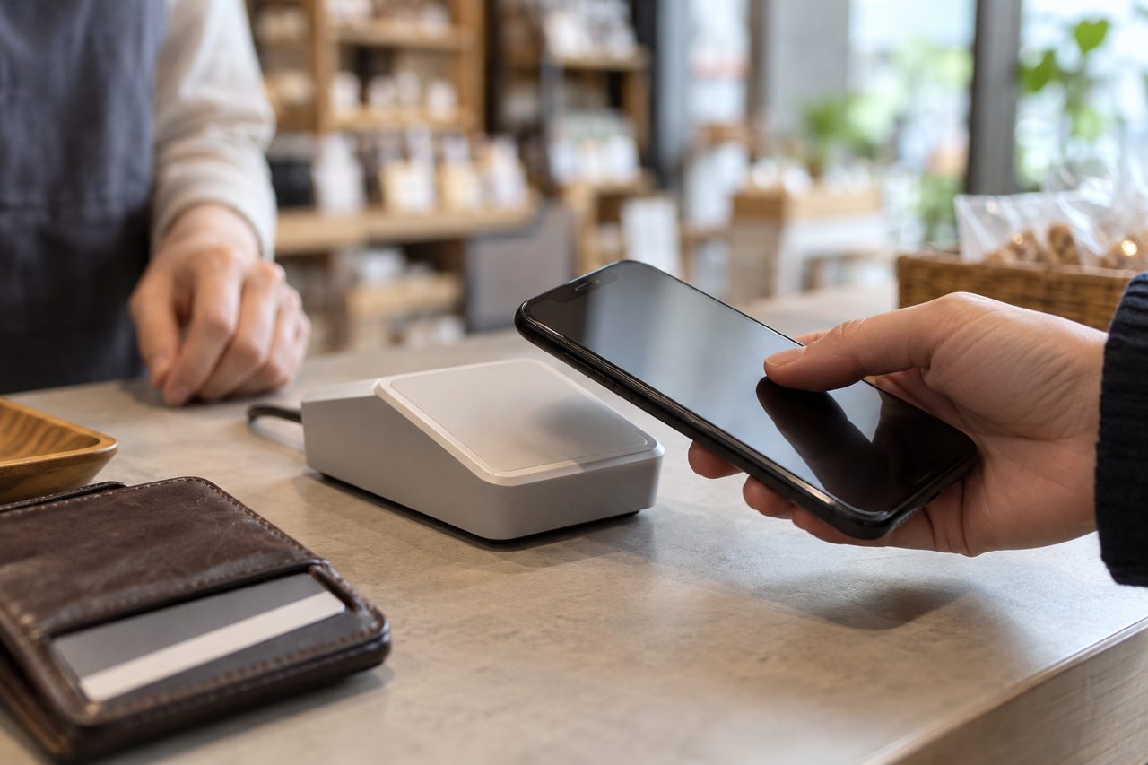 店頭でスマートフォンの支払い画面を操作する手元