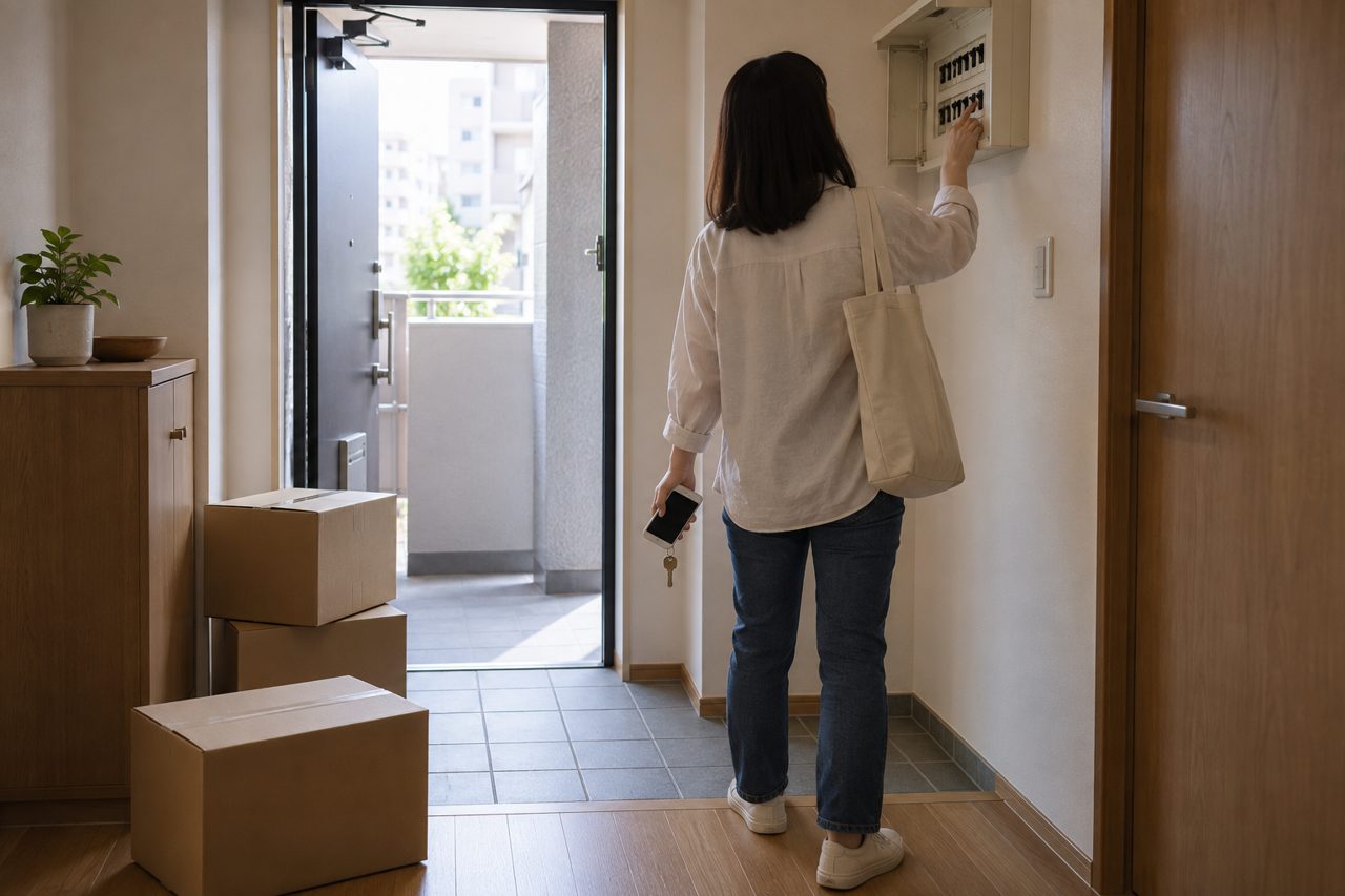 引っ越し荷物のそばで電気設備を確認する入居者