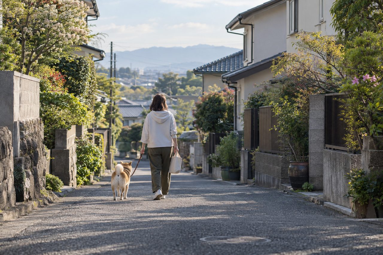 日本の住宅街で犬と散歩する飼い主の後ろ姿