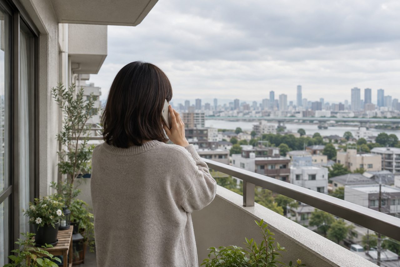 ベランダで問い合わせの電話をする住人の後ろ姿