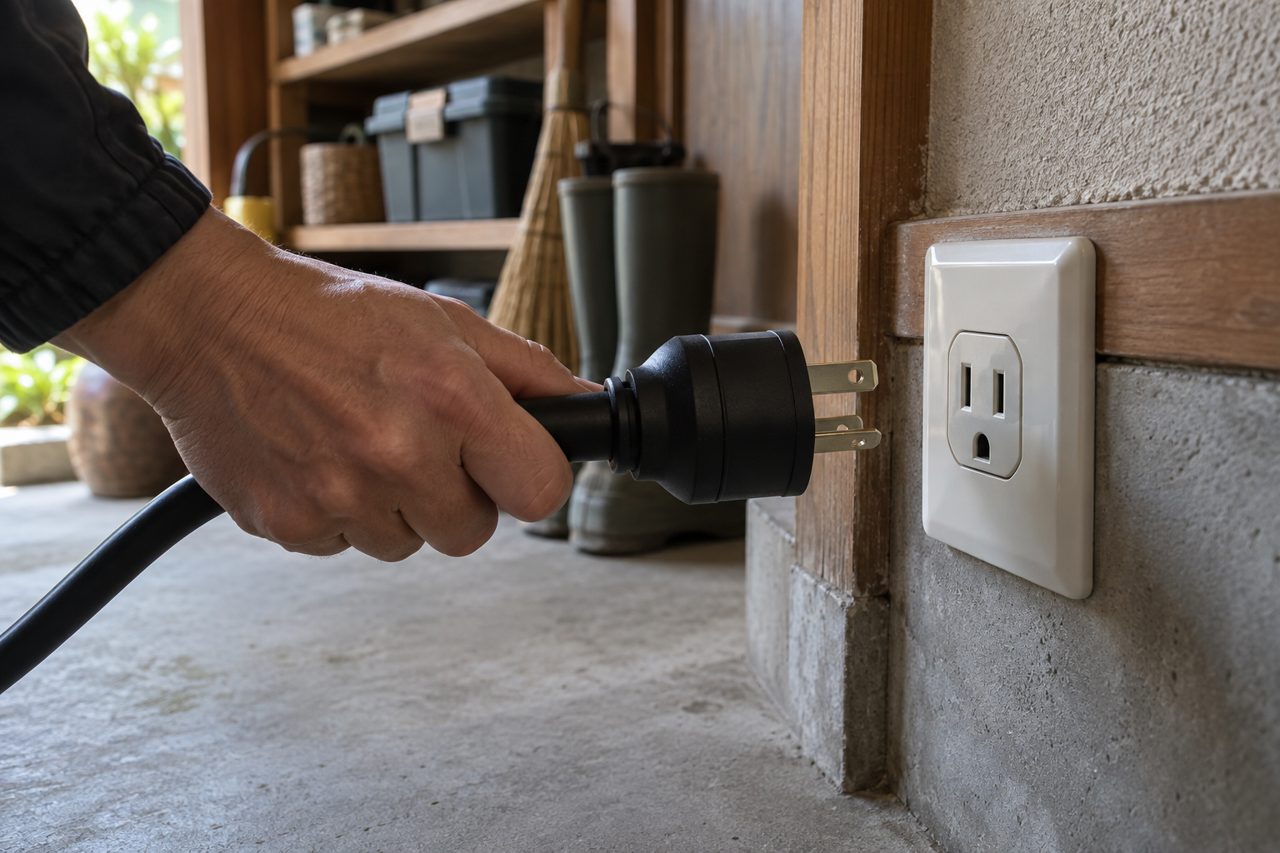 太い電源プラグを住宅の壁コンセントに差す手元