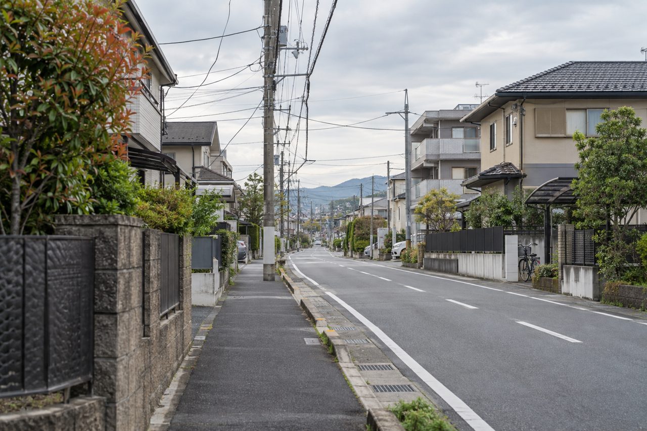 電柱と住宅が続く日本の郊外の落ち着いた街並み