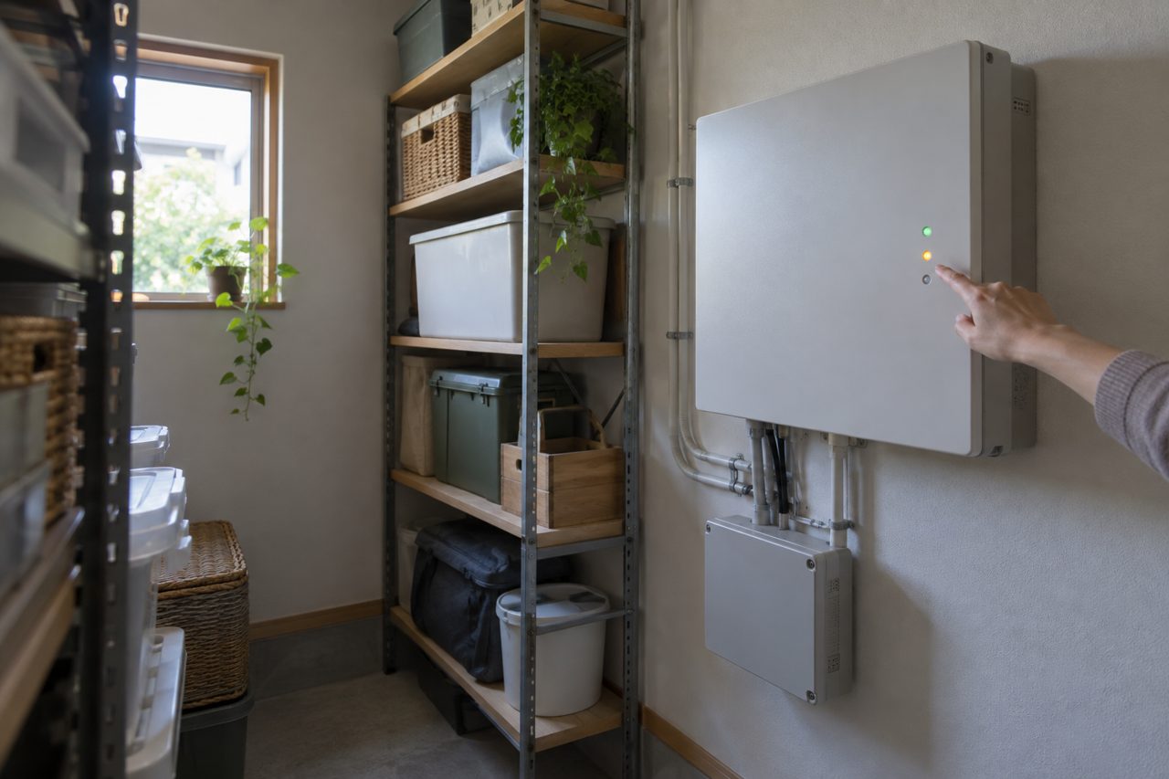 室内の電力制御機器の表示灯を点検する住人の手元
