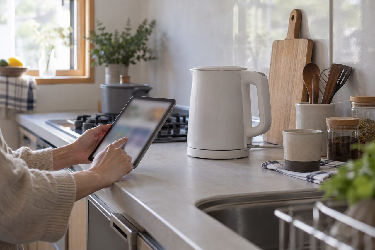 家電を使う時間帯をタブレットで確かめる暮らしの場面