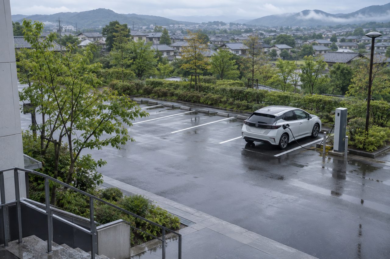 公共駐車場の充電区画に停まる車と接続ケーブル