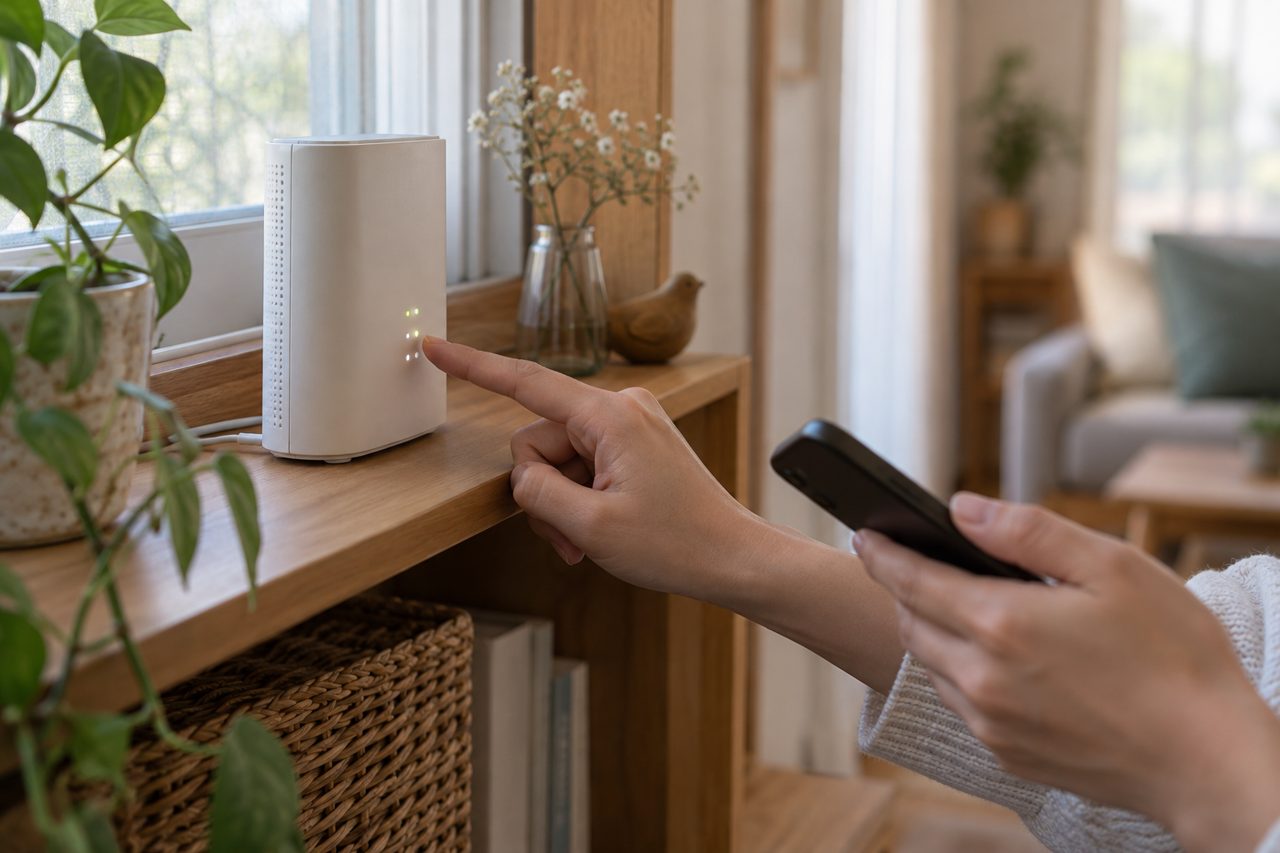 通信機器のランプとスマートフォンを確認する手元