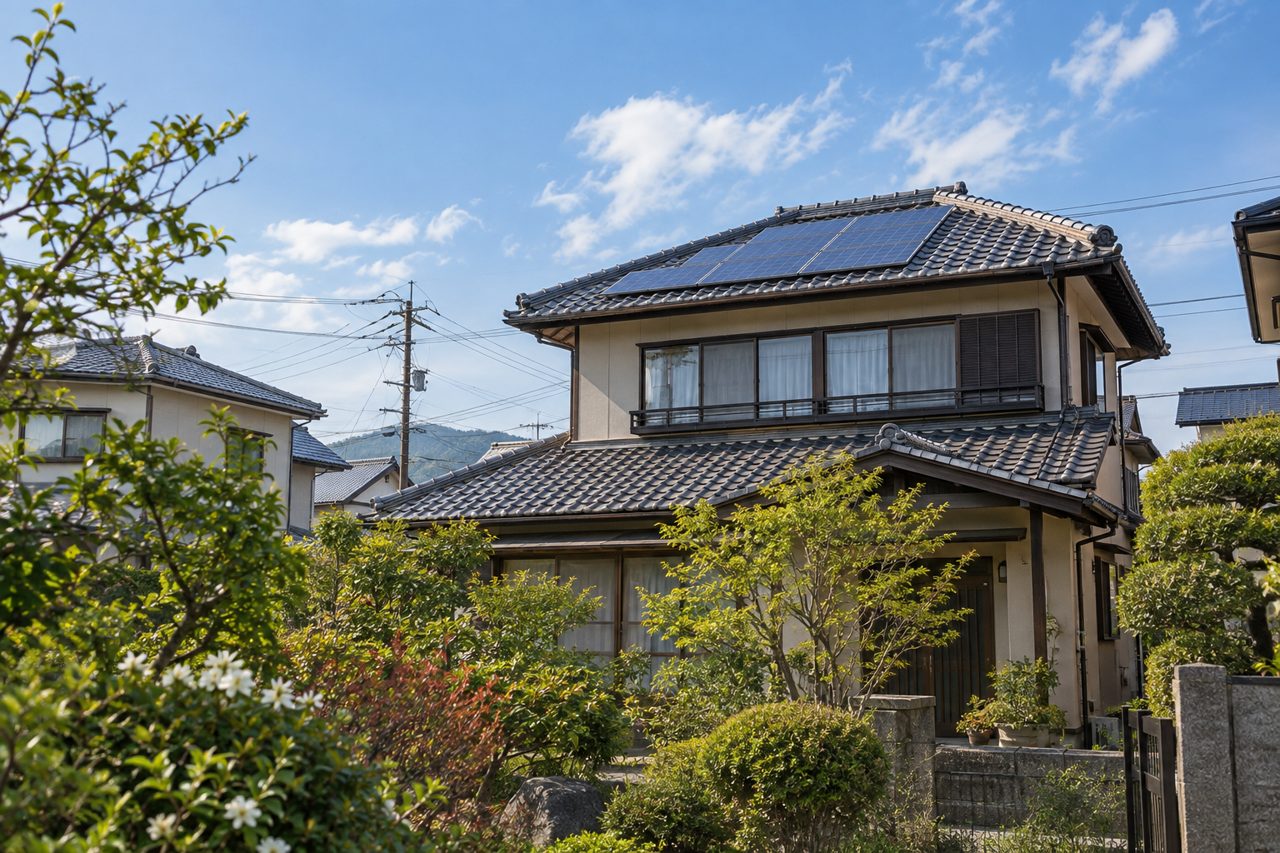 日本の住宅屋根に並ぶ太陽光パネルと穏やかな空