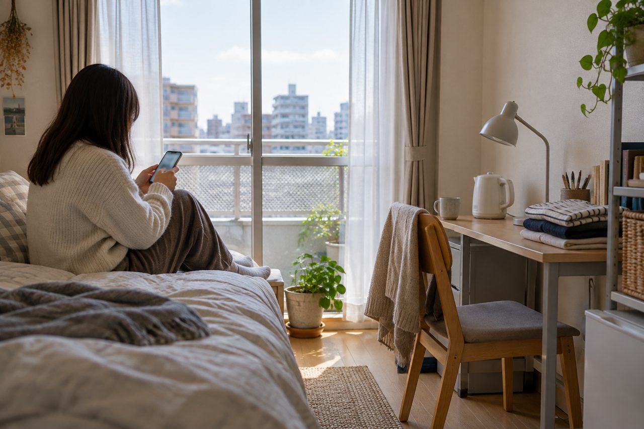 一人暮らしの部屋でスマートフォンを確認する住人