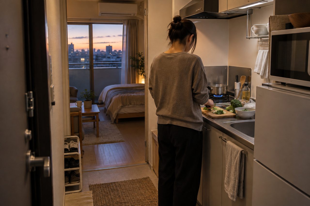小さな台所で一人分の夕食を作る住人の後ろ姿