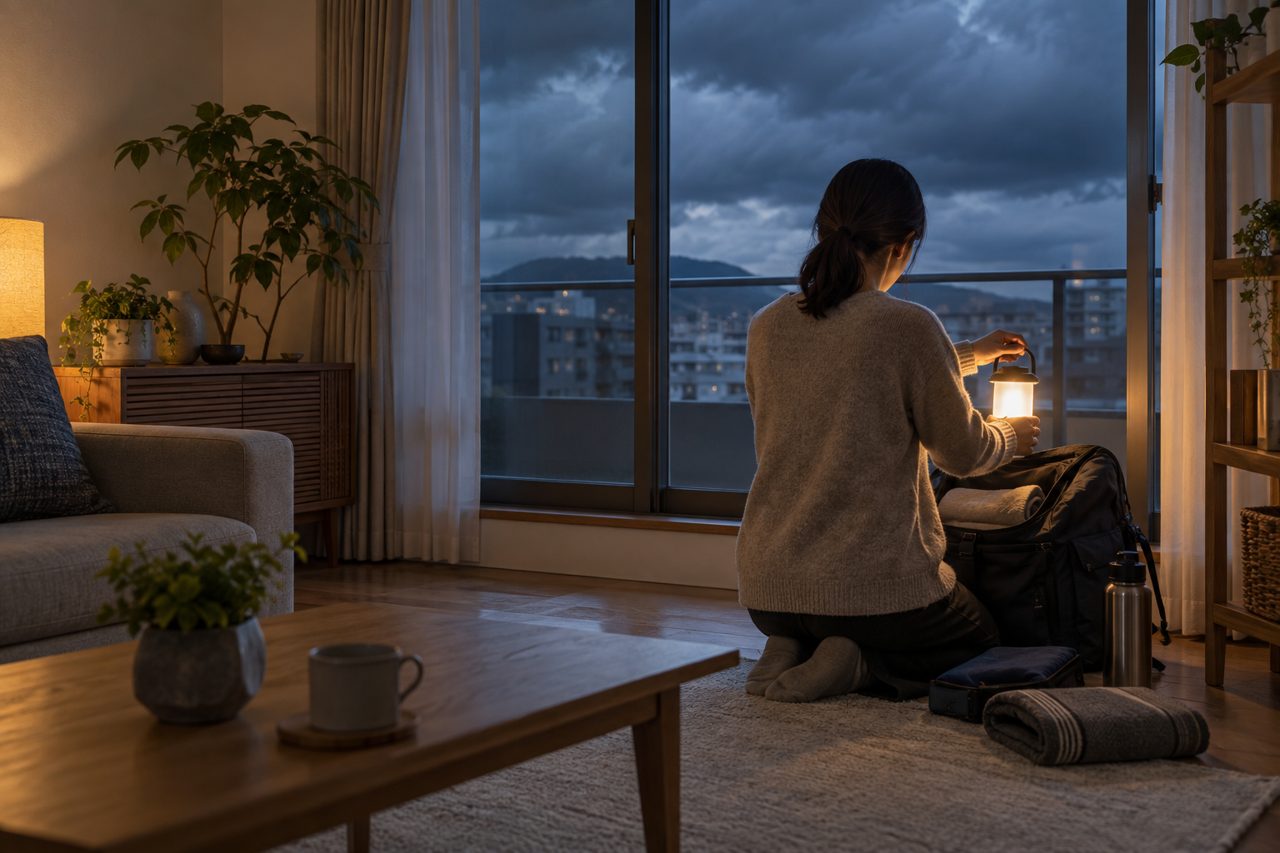 荒天の夕方に備えて窓辺のランタンを灯す住人