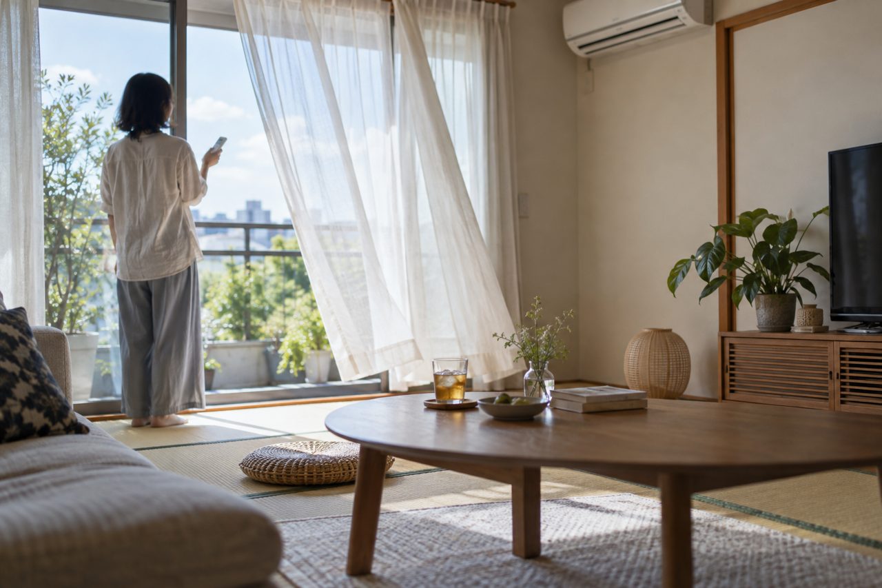 夏の居間で窓辺の風と冷房を調整する住人の横姿
