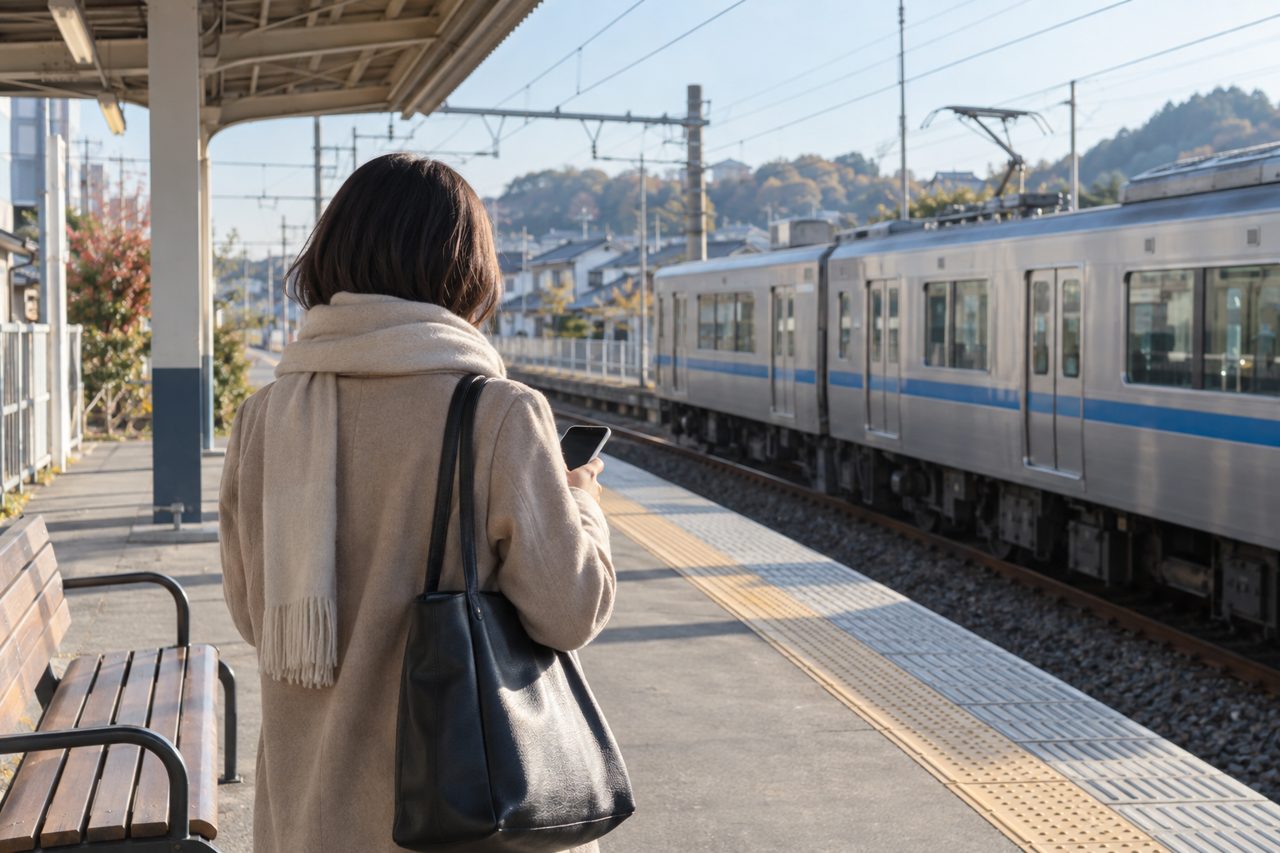 駅のホームでスマートフォンを確認する通勤者の手元