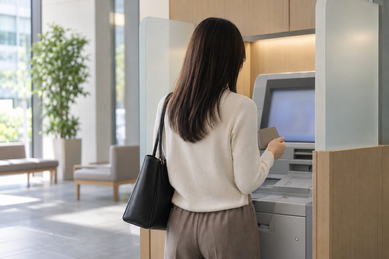 銀行の端末コーナーで生活資金を確認する後ろ姿