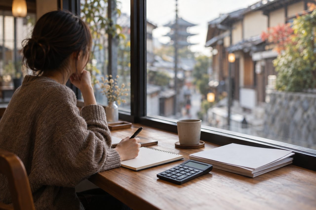 カフェで予算と留学計画を考える若者の横顔
