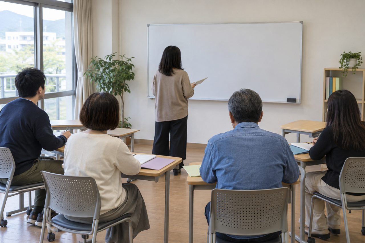 少人数の語学教室で学ぶ生徒たちの後ろ姿
