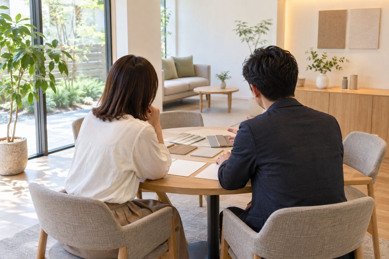 明るい相談室で向かい合う相談者と担当者の後ろ姿