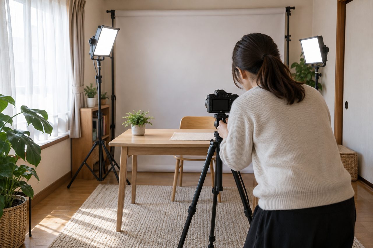 室内で動画撮影の準備をする発信者の後ろ姿
