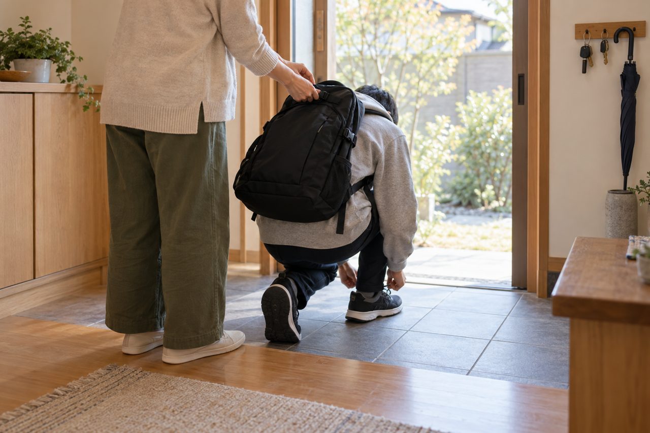 自宅の玄関で渡航準備を確認する親子の後ろ姿