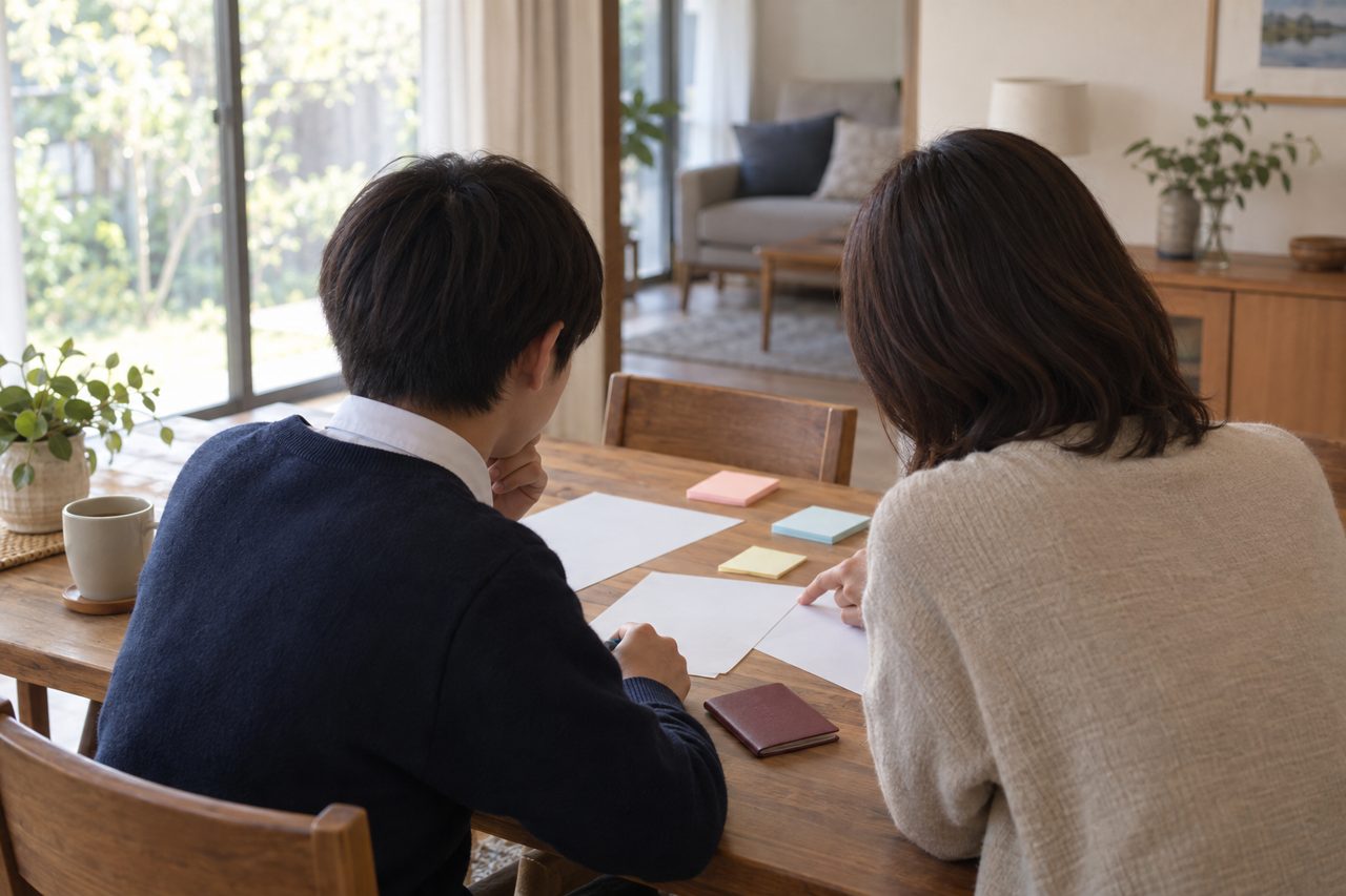 食卓で留学計画を話し合う親子の手元と横顔