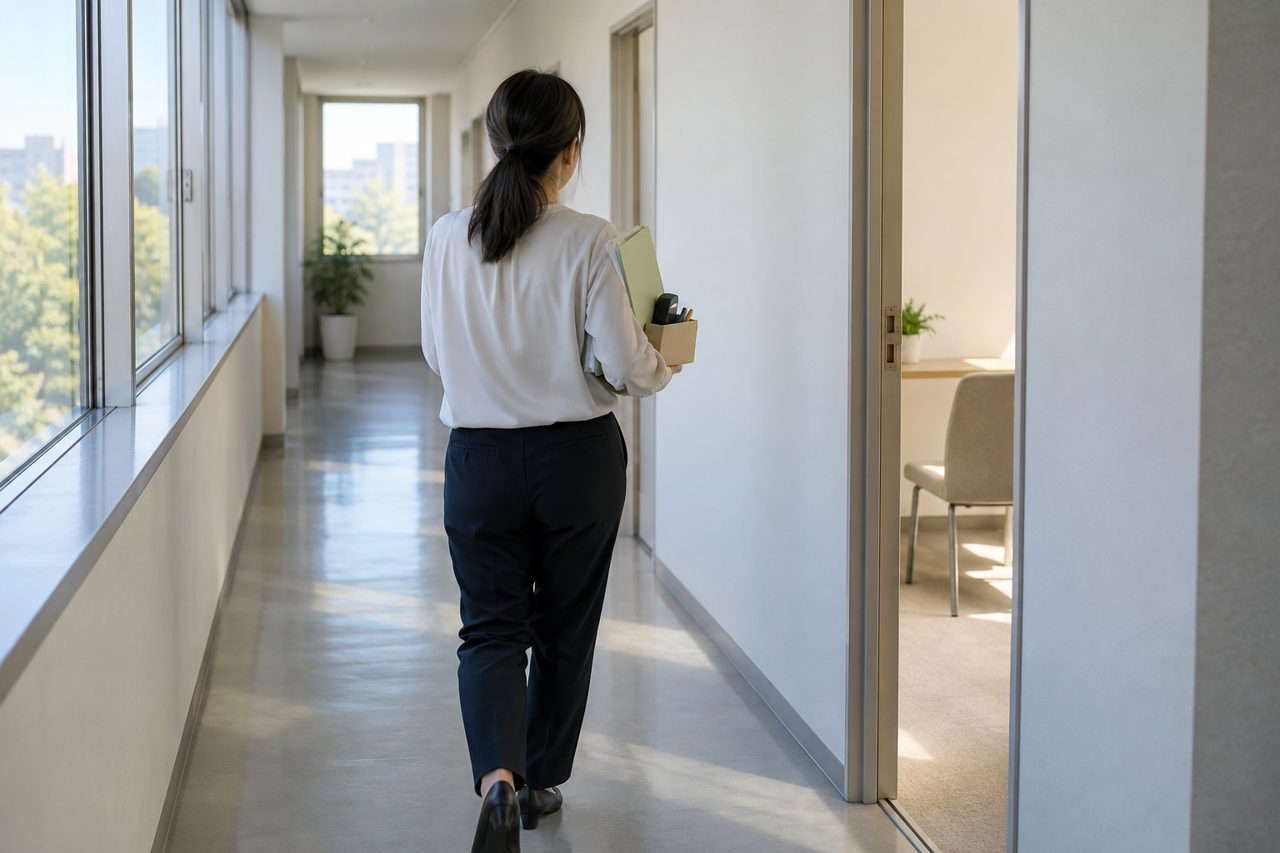 事務所の廊下で相談資料をまとめて運ぶ担当者