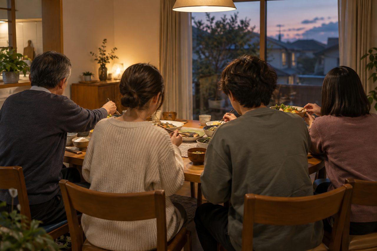 家庭の食卓で迎え入れ先と交流する学生の後ろ姿
