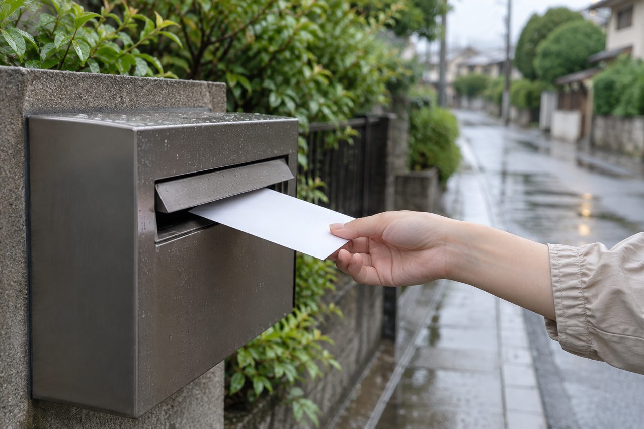 郵便ポストへ解約連絡の封筒を投函する手元