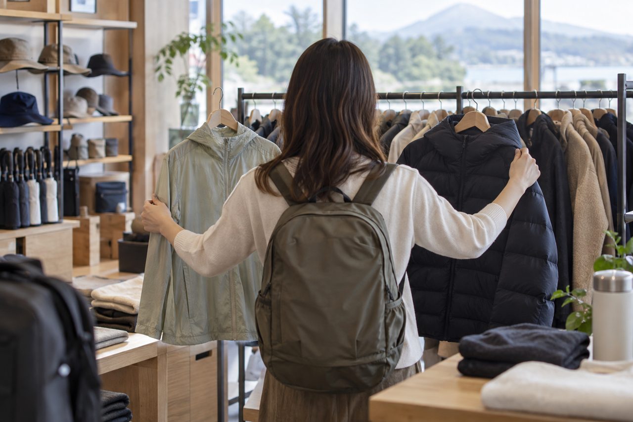 旅行用品店で気候に合う上着を選ぶ若者の後ろ姿