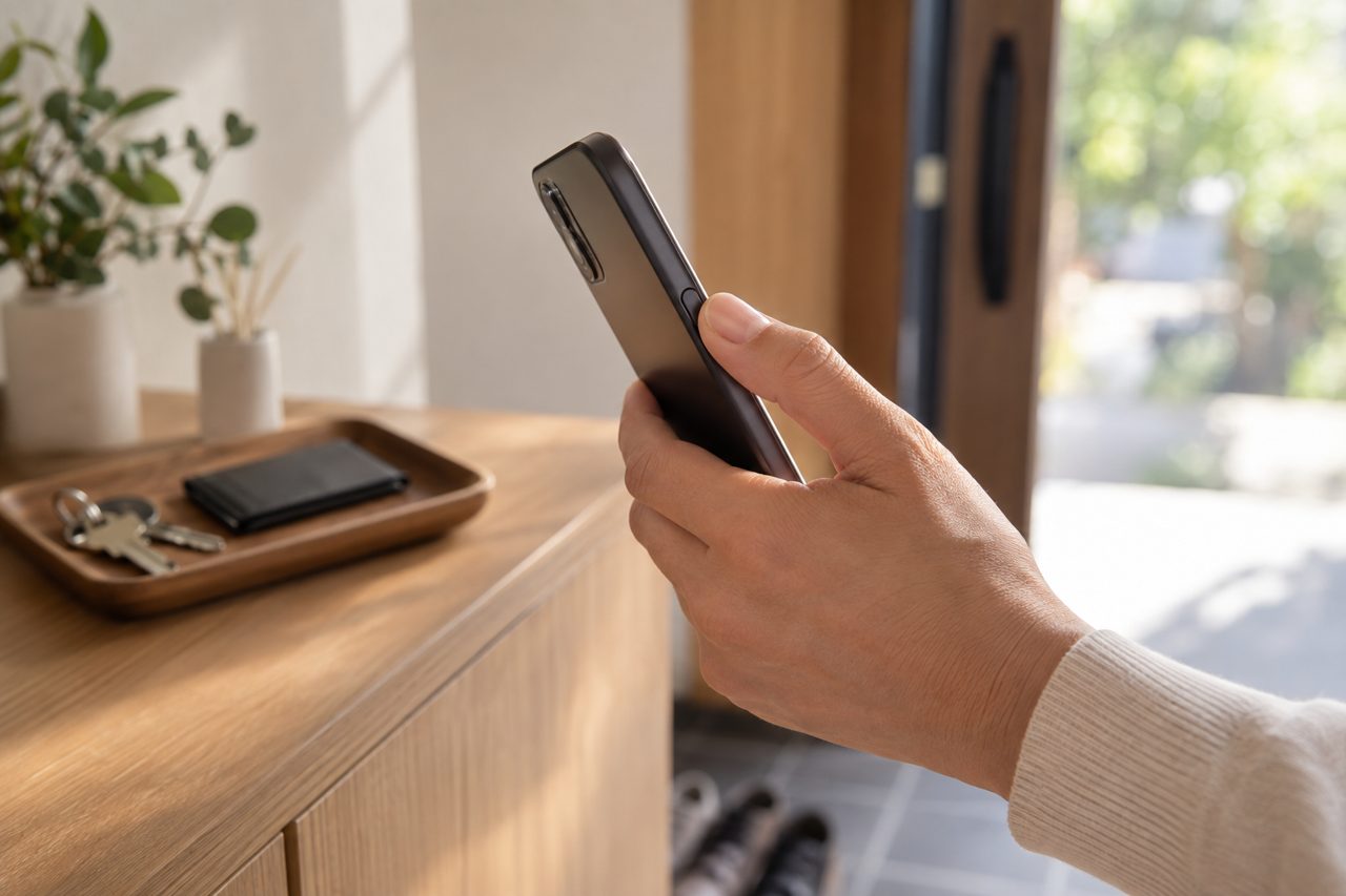 自宅で指紋認証によりスマートフォンを開く手元