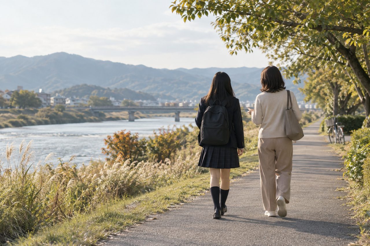 川沿いの通学路で進路を話す親子の後ろ姿