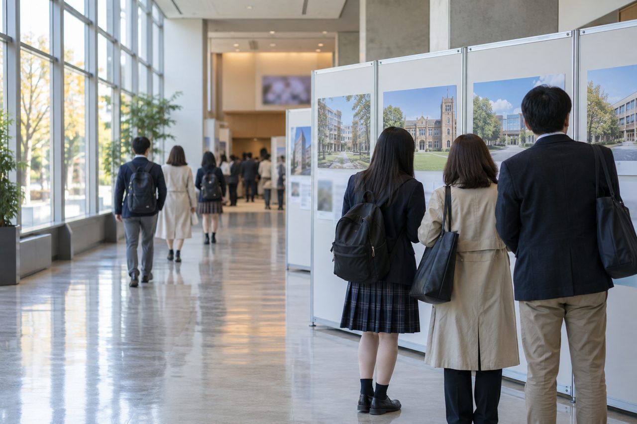 学校紹介の展示を見学する学生と保護者の後ろ姿