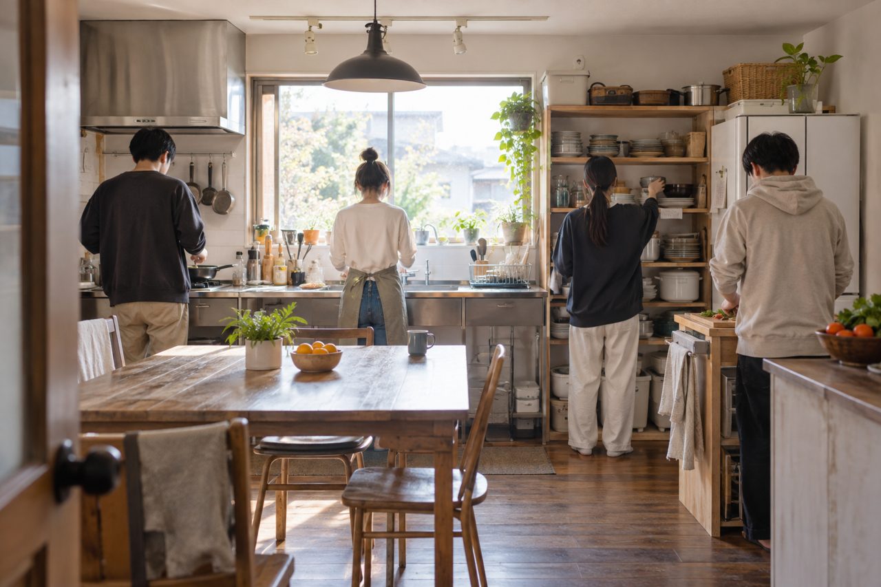 共同住宅の台所で暮らす若者たちの後ろ姿
