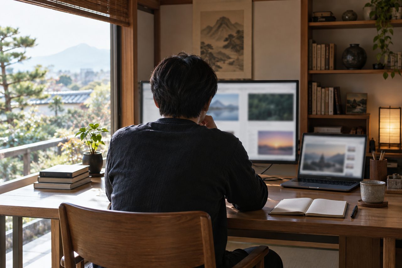 公式情報の発信元をパソコンで確かめる人の後ろ姿