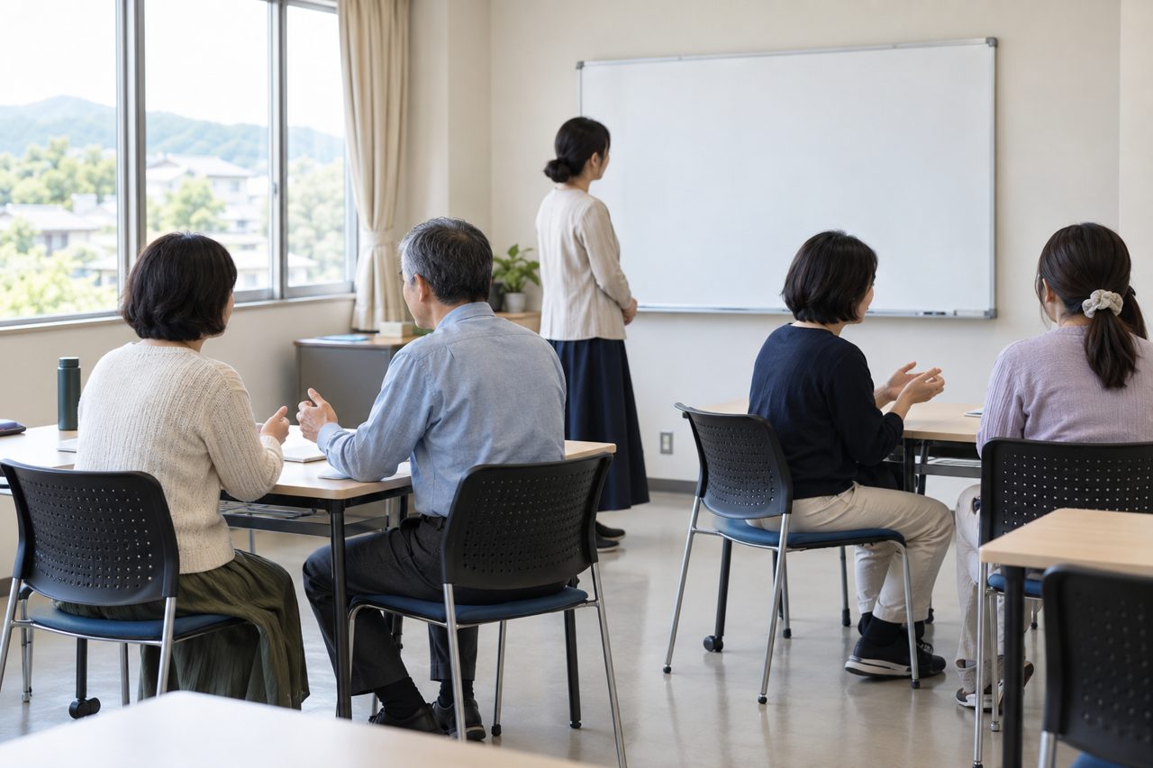 語学教室で会話練習を見守る講師の後ろ姿