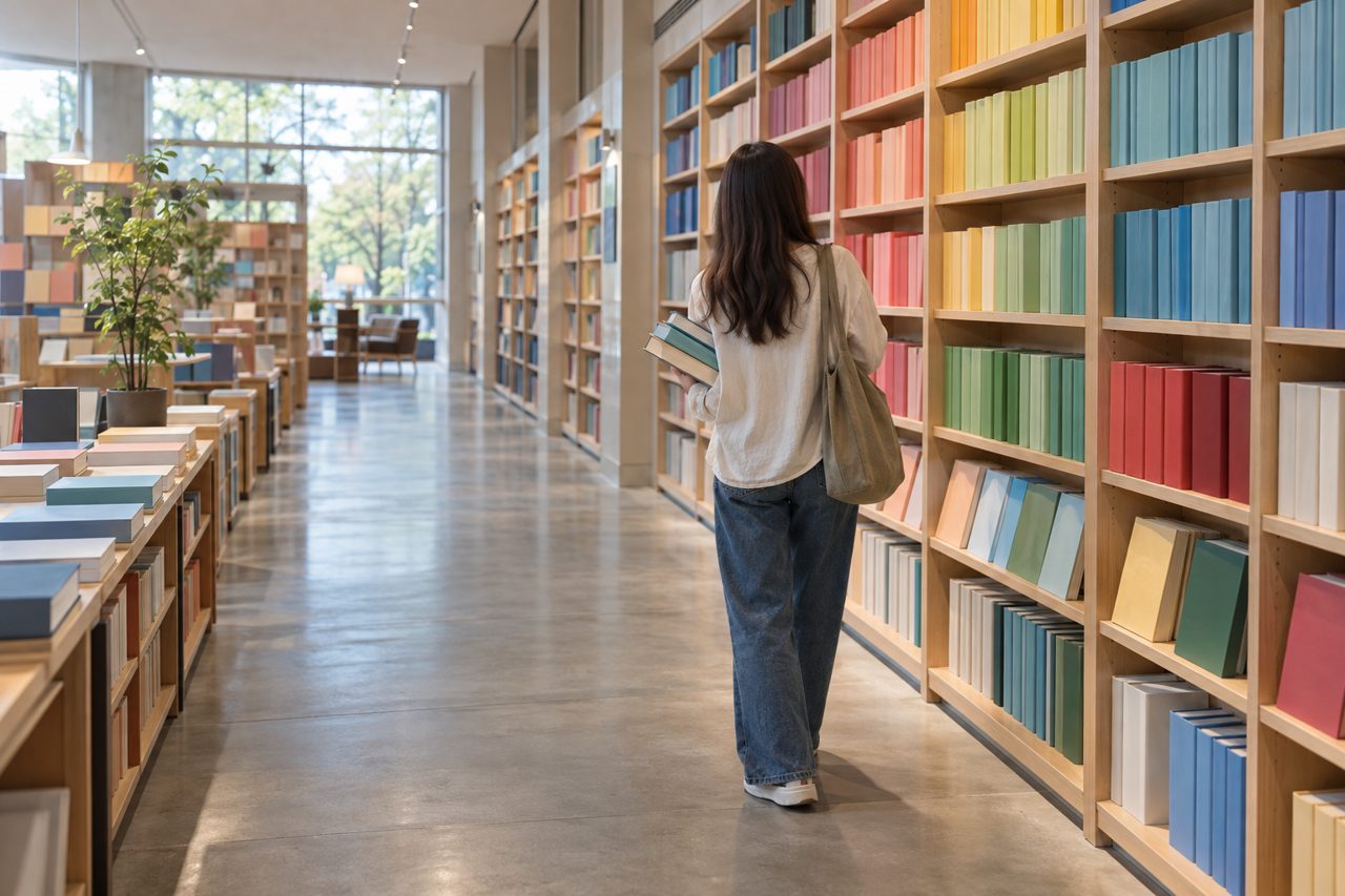 旅行書コーナーで複数の渡航先を調べる若者