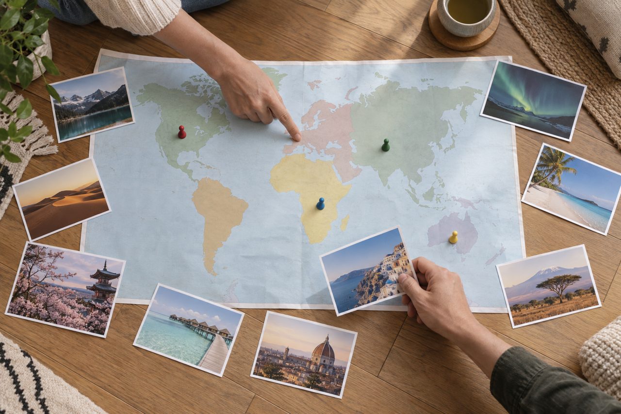 無地の世界地図で複数の渡航候補を比べる手元